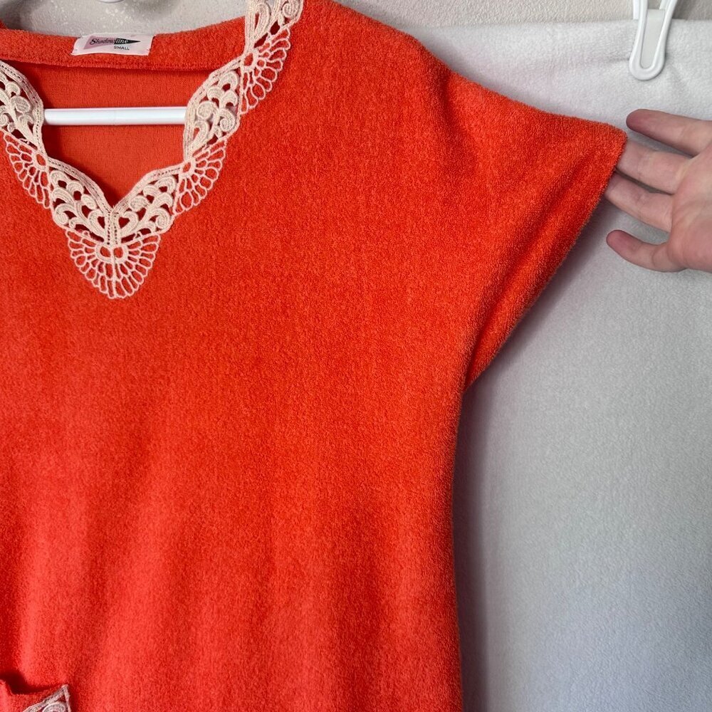 Shadowline Vintage 70s Terry Cloth Maxi Dress Swim Coverup Size S Orange Lace - Picture 9 of 14